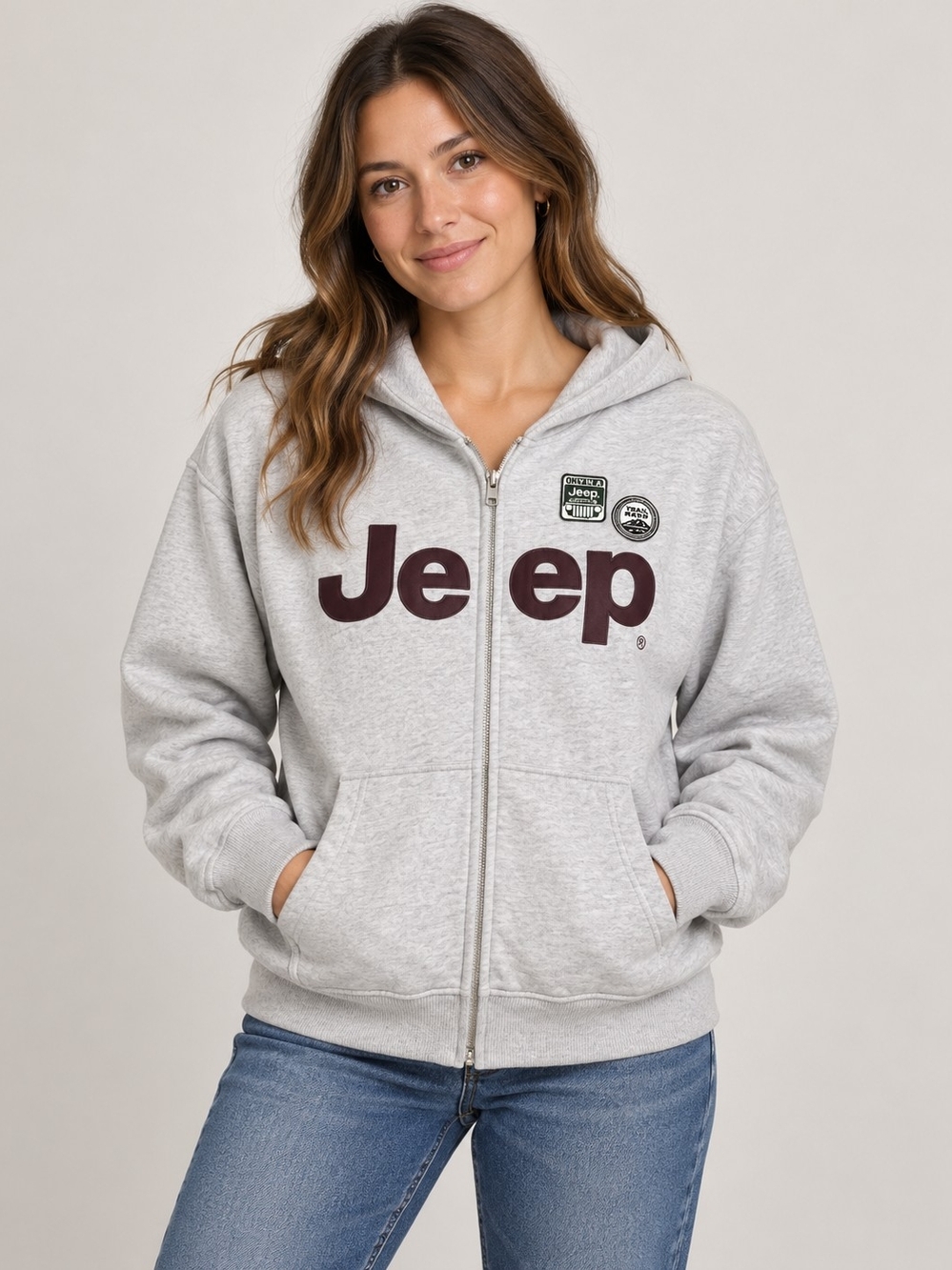Abercrombie & Fitch Light Gray Zip Hoodie with Maroon Logo
